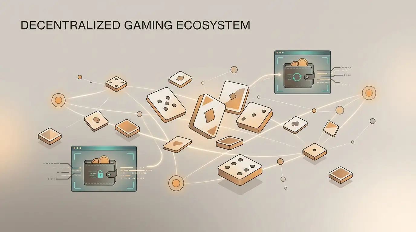 Abstract crypto casino interface with game tiles and blockchain transfer motifs
