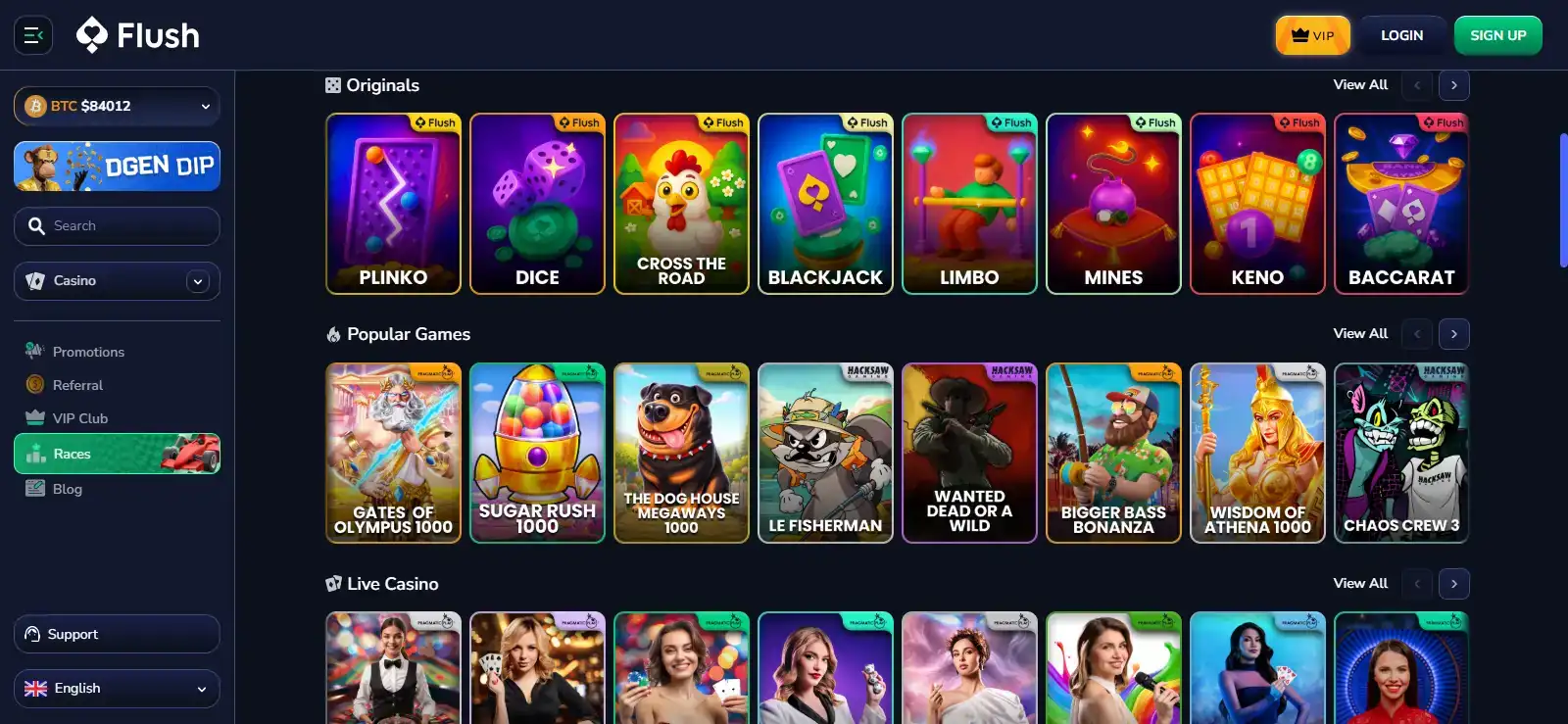 Flush homepage with casino navigation and account access controls